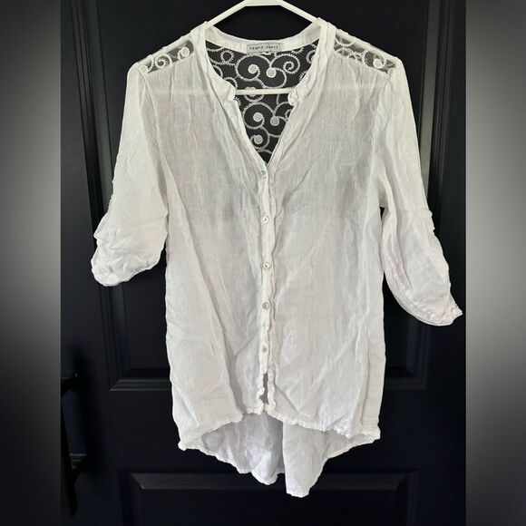 Tempo Paris Button Up Top Lace Crochet Back Boho Blouse 100% Linen - Picture 1 of 6